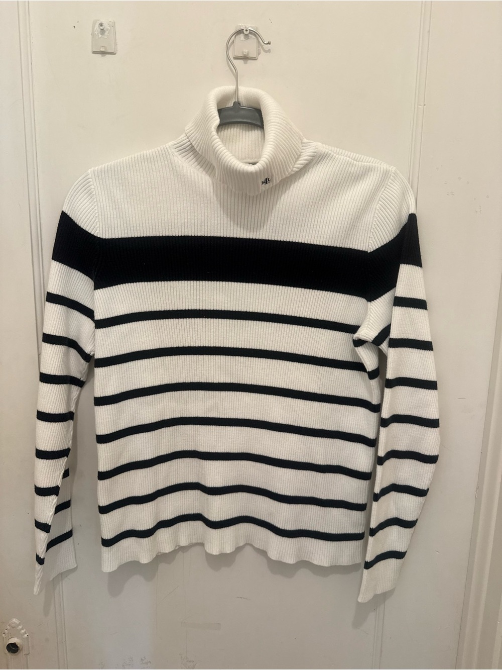 Ralph Lauren Women’s Striped Turtleneck Sweater White Navy Cotton Petite Large